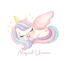 Cute unicorn with wing sleeping watercolor dreamy nursery Art illustration. Magical Unicorn. vector