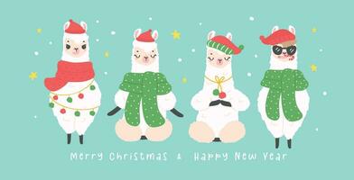 Cute Christmas llamas with hat greeting card banner in winter theme, kawaii Happy New Year cartoon Animal hand drawing illustration vector