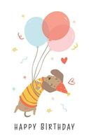 contento cumpleaños perro tejonero perrito con globos linda kawaii animal dibujos animados ilustración vector