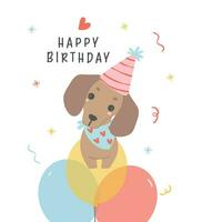 linda cumpleaños tarjeta con perro tejonero perro fiesta en globos kawaii saludo tarjeta dibujos animados mano dibujo plano diseño gráfico ilustración. vector