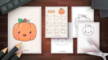 How to Draw a Pumpkin. Step by Step Drawing Tutorial. Draw Guide. Simple Instruction. Coloring Page. Worksheets for Kids and Adults. vector