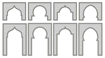 Islamic frame with arch and ornament. Ramadan gate on geometric background for wedding invitation design. Vector oriental decorations set.