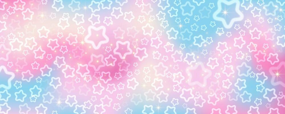 Pink sky with stars and bokeh. Kawaii fantasy background. Magic glitter space with iridescent texture. Abstract vector wallpaper