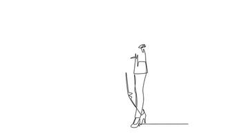 Self drawing animation single line draw young pretty female presenter thinking while doing presentation at office during meeting. Work presentation concept. Continuous line draw. Full length animated video