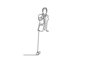 zelf tekening animatie van single lijn trek jong presentator geven duimen omhoog gebaar naar de publiek terwijl ontmoeting. bedrijf presentatie Bij kantoor concept. doorlopend lijn tekenen. vol lengte geanimeerd video