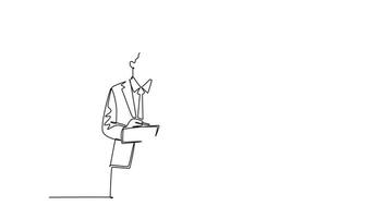 Animated self drawing of continuous line draw young presenter watching mess data graph on screen and thinking how to solve the problem. Workshop presentation concept. Full length single line animation video