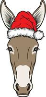 Christmas Donkey Head with Santa Hat Color. Vector Illustration.