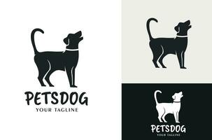 Silhouette of Pet Dog Playing. Illustration design of a dog with a standing tail as a sign of wanting to play black and white background vector