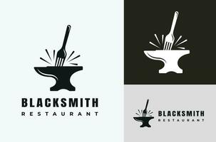 Blacksmith Logo vector silhouette with Fork symbol icon black background. Restaurant Design