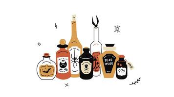 Flat style vector set with mysterious potion bottles on white background.