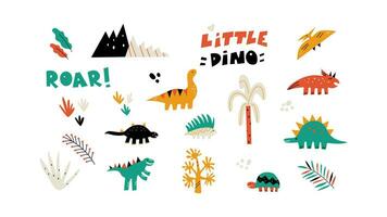 Vector illustration with cute little dinosaur design elements isolated on white background. Icon set with dinosaurs, plants and lettering in bold colors.