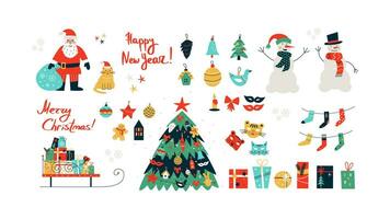 Vector illustration with cute Christmas set. Hand written Happy New Year and Merry Christmas. Bright colors design.