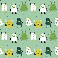 Vector seamless pattern with cute little monsters. Modern design for fabric and paper, surface textures. Bright colors design on green background.