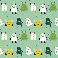 Vector seamless pattern with cute little monsters. Modern design for fabric and paper, surface textures. Bright colors design on green background.