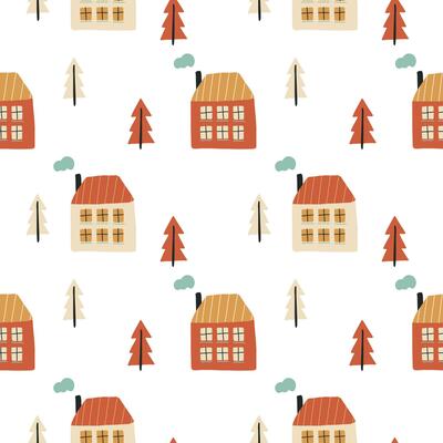 Hand drawn village with cute houses and trees, seamless vector pattern. Colorful cozy buildings with smoke from the chimney.
