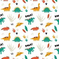 Vector seamless pattern with cute dinosaurs and plants. Modern design for fabric and paper, surface textures. Bold colors design on white background.