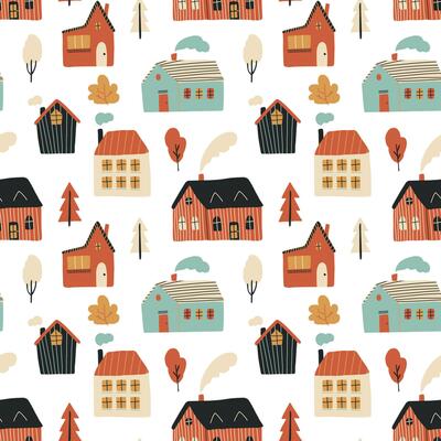 Hand drawn village with cute houses and trees, seamless vector pattern. Colorful cozy buildings with smoke from the chimney on white background.