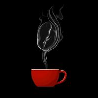 Vector illustration, cup of hot coffee, with steam in the shape of coffee beans, isolated on dark background.