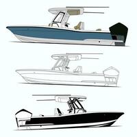 Boat vector, Side view fishing boat vector line art illustration