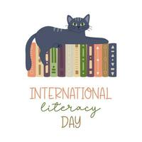 A cute cat lying on books with different patterns standing in a row. International literacy day greeting card for book lovers. Flat cartoon vector illustration isolated on a white background.