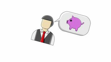 flat design animation of a man thinking about a pig-shaped savings account video