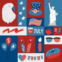 Square graphic poster with national symblos of USA independence day. Geometric greeting card for 4th of July. Patriotic elements in flat cartoon style. Retro vintage colors. Vector illustration.