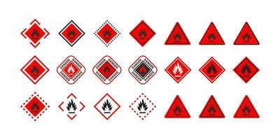 Flammable materials warning sign set. Sign danger flammable liquids or materials. Flammable substances icons set. Vector scalable graphics