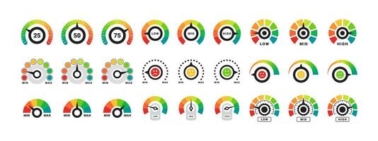 Risk Gauge Scale set. Performance indicator. Dashboard sign. Vector scalable graphics