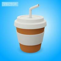 3D render of a cup with coffee and a straw. Fast food. An invigorating drink. Bright Illustration in cartoon, plastic, clay 3D style. Isolated on a white background. vector