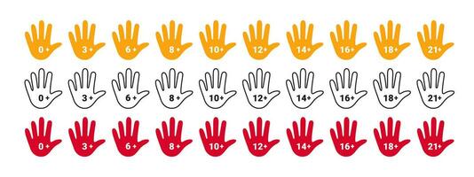 Age restriction icons set. Mark age limit. Hand with age restriction. Vector scalable graphics