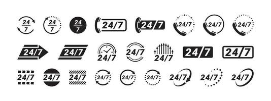 24 hour service icons set. 24 hours 7 days in week support icons. Vector scalable graphics