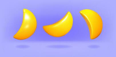 Realistic 3D collection of rotating sunny yellow crescent moons. Illustration of a set of 3d yellow moon on a blue background Vector illustration. Eps 10.