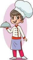 vector Illustration of a Little girl Wearing a Cook Uniform Holding a Platter