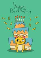 Happy birthday card and party invitation with cute cat and cake with candles vector