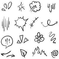 Conjunto de vectores de doodle de signo de expresión de dibujos animados dibujados a mano, flechas direccionales de curva, elementos de diseño de efectos de emoticonos, símbolos de emoción de personaje de dibujos animados, lindas líneas de trazo de pincel decorativo.