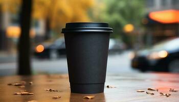 ai generado café taza en de madera mesa, refrescante bebida en naturaleza generado por ai foto