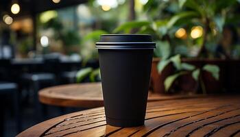 ai generado café taza en de madera mesa, refrescante bebida en naturaleza generado por ai foto