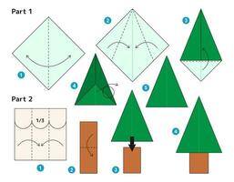 Fir origami scheme tutorial moving model. Origami for kids. Step by step how to make a cute origami fir-tree. Vector illustration.