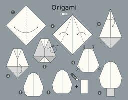 Tree origami scheme tutorial moving model. Origami for kids. Step by step how to make a cute origami oak tree. Vector illustration.