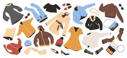 Set of fashion clothes for women. Casual garments and accessories for fall and winter. Coat, jacket, bags, shoes, trousers, hats flying. Flat vector illustrations isolated on white background.