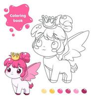 Coloring book for kids. Worksheet for drawing with cartoon pony with crown. Cute animal with wings. Coloring page with color palette for children. Vector illustration.