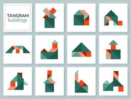 Tangram puzzle game for kids. Vector colorful collection with various isolated buildings. isolated Tangram buildings icons on white backdrop. Vector illustration