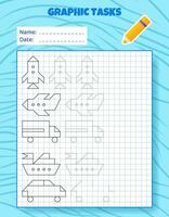 Drawing by cells. Educational game for preschool children. Worksheets for practicing logic and motor skills. Game for kids. Graphic tasks with different objects and elements. Vector illustration