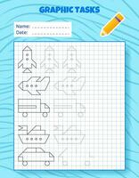 Drawing by cells. Educational game for preschool children. Worksheets for practicing logic and motor skills. Game for kids. Graphic tasks with different objects and elements. Vector illustration