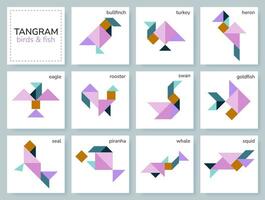 Tangram puzzle game for kids. Geometric colorful collection with various isolated birds, fish and marine animals. Tangram icons on white backdrop. Vector illustration