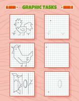 Drawing by cells. Educational game for preschool children. Worksheets for practicing logic and motor skills. Game for kids. Graphic tasks with birds. Vector illustration