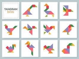 Tangram puzzle game for kids. Colorful geometric collection with isolated birds. Tangram various icons on white backdrop. Vector illustration