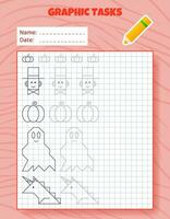 Drawing by cells. Educational game for preschool children. Worksheets for practicing logic and motor skills. Game for kids. Graphic tasks with different objects and elements. Vector illustration