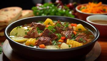 AI generated Freshness and flavor in a homemade vegetarian beef stew generated by AI photo