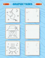 Drawing by cells. Educational game for preschool children. Worksheets for practicing logic and motor skills. Game for kids. Graphic tasks with different objects and elements. Vector illustration